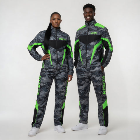 Two people wearing matching camouflage tracksuits with green accents on a white background