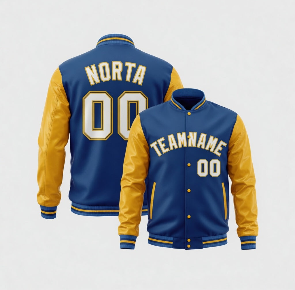Blue and yellow varsity jacket with customizable text on a white background