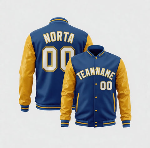 Blue and yellow varsity jacket with customizable text on a white background