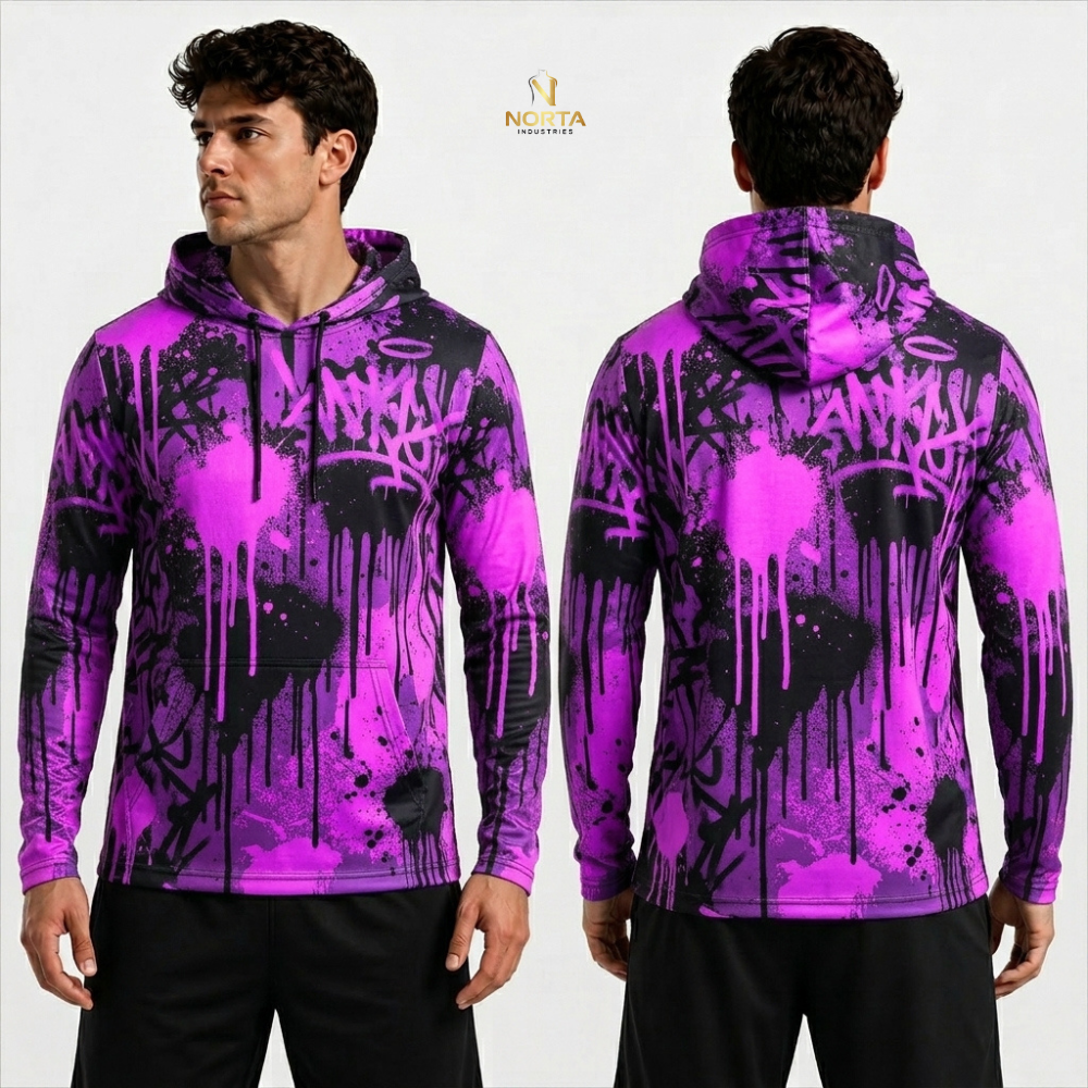 Purple and black splatter pattern hoodie displayed from front and back on a white background.