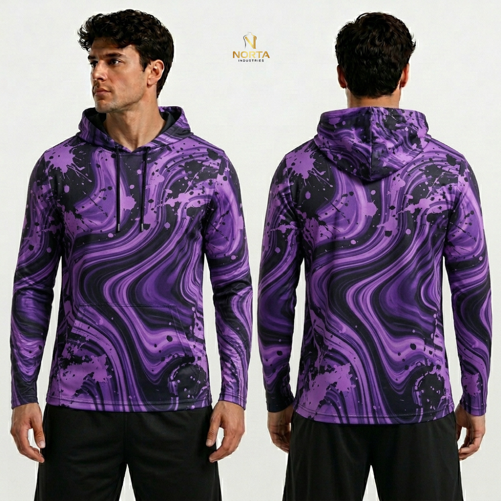 Purple and black marbled hoodie shown from front and back on a white background