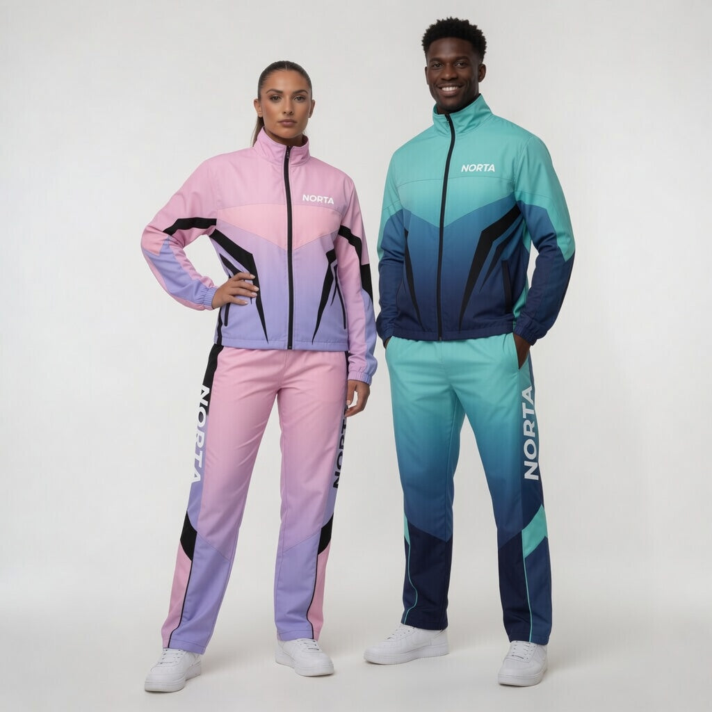 Two people wearing colorful tracksuits with 'Norta' branding on a white background