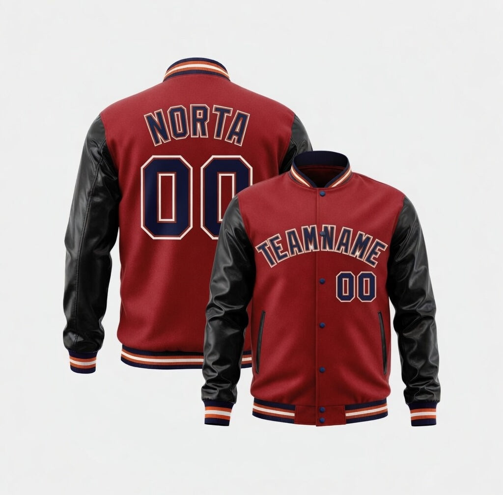Red varsity jacket with black sleeves and personalized text on a white background