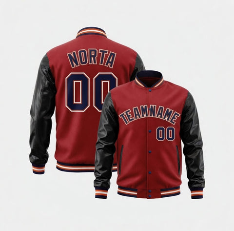 Red varsity jacket with black sleeves and personalized text on a white background