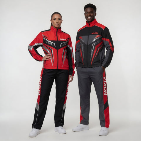 Two people wearing red and black jackets with 'Norta' branding on a white background
