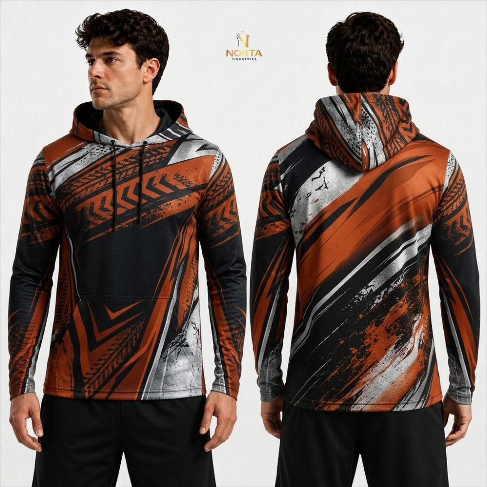 Hoodie with a geometric pattern on a white background, featuring the brand 'Norta'.