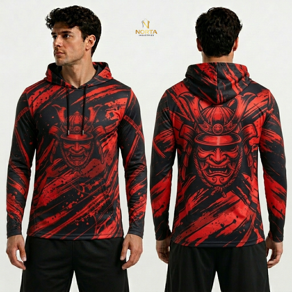 Red and black hoodie with samurai design on a white background