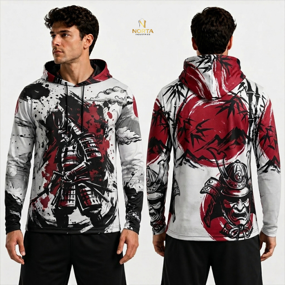 Hoodie with samurai design on front and back, displayed on a person against a white background.