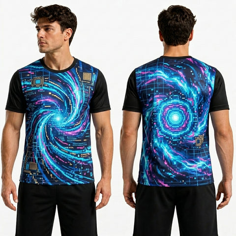 Man wearing a black t-shirt with a futuristic, swirling design in blue and pink on a white background