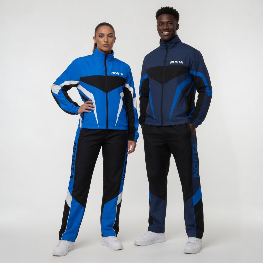 Two people wearing blue and black tracksuits with 'Norta' branding on a white background