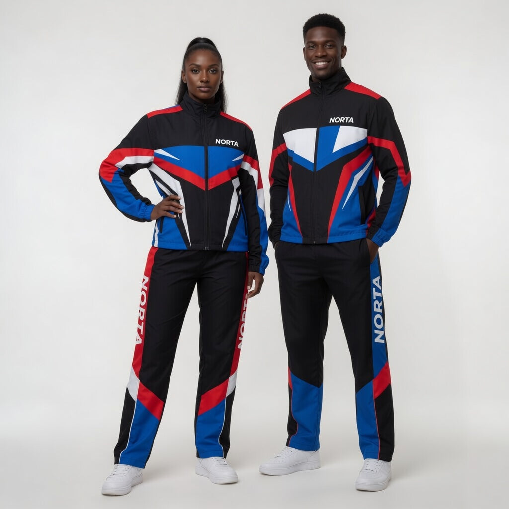 Two people wearing matching black, red, and blue tracksuits with 'Norta' branding on a white background.