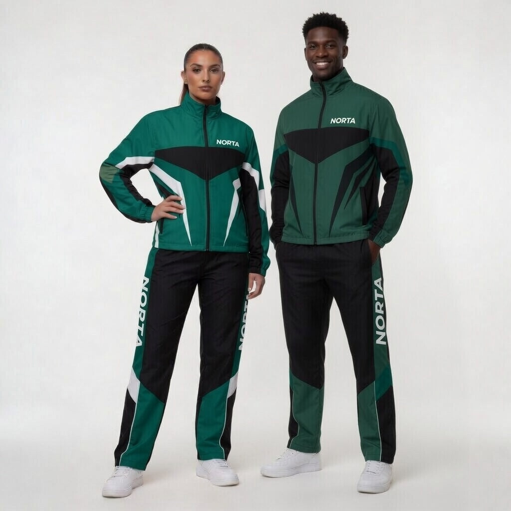 Two people wearing green and black tracksuits with 'Norta' branding on a white background