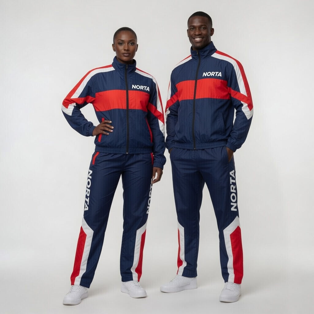 Two people wearing matching blue, red, and white tracksuits with 'Norta' branding on a white background.