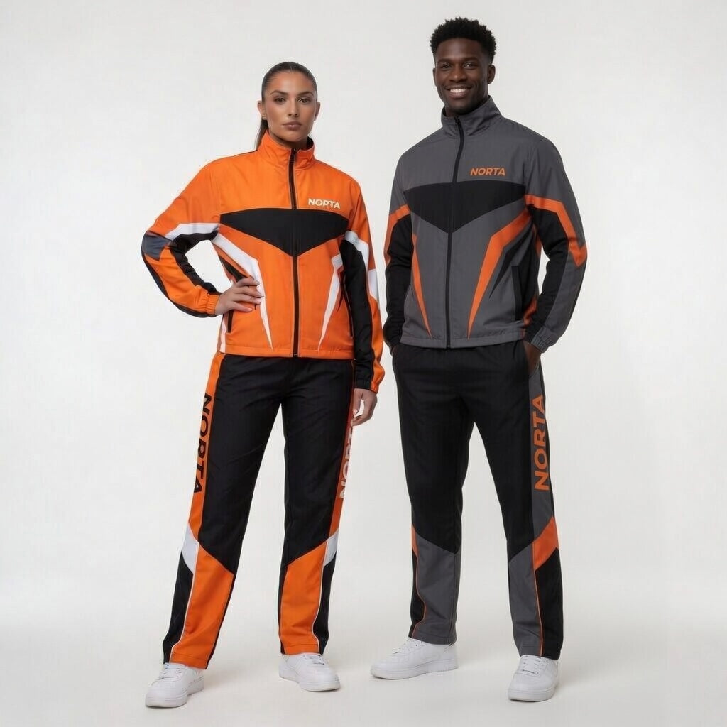 Two people wearing orange and gray tracksuits with 'Norta' branding on a white background