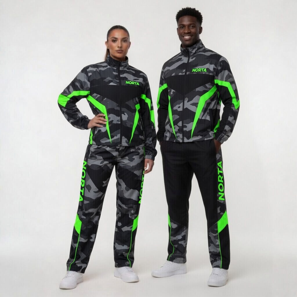 Two people wearing matching camouflage tracksuits with green accents on a white background