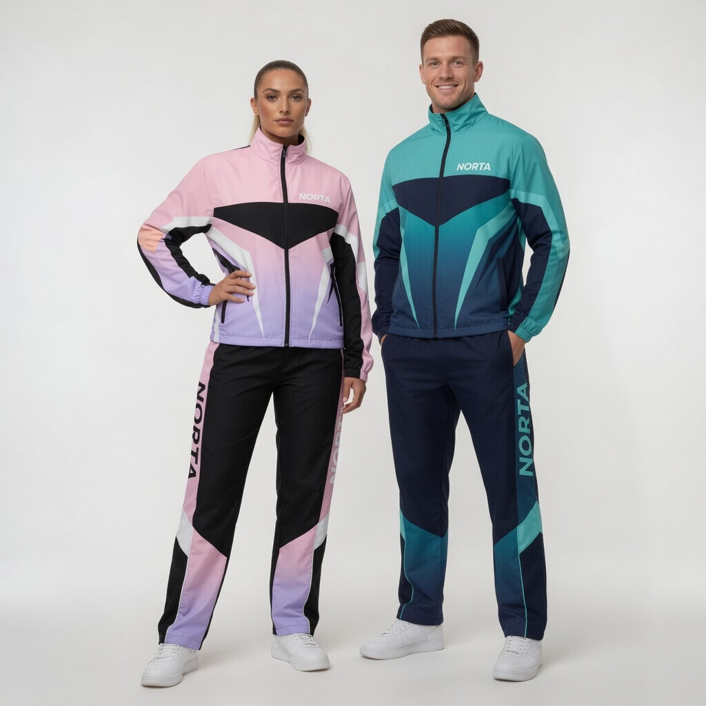 Two people wearing colorful tracksuits with 'Norta' branding on a white background
