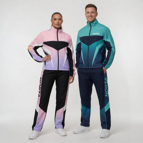 Two people wearing colorful tracksuits with 'Norta' branding on a white background
