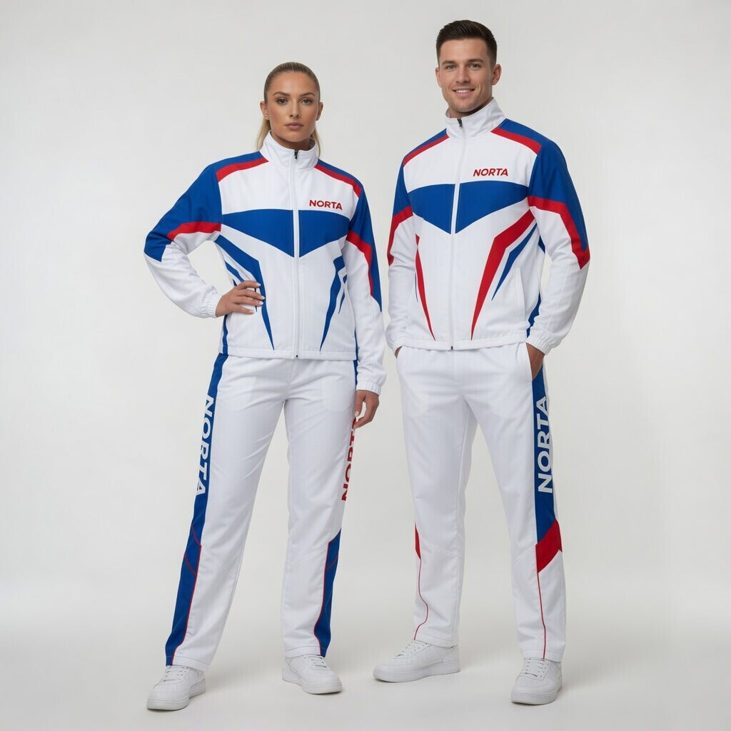 Two people wearing matching white tracksuits with blue and red accents on a white background.