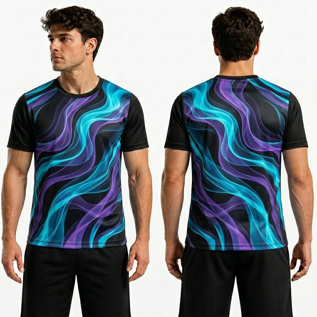 Man wearing a black t-shirt with a colorful wavy pattern on a white background