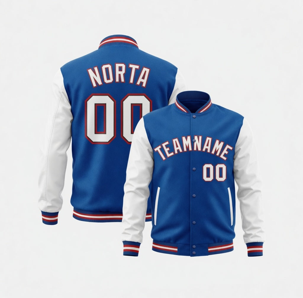 Blue and white varsity jacket with customizable text on a white background