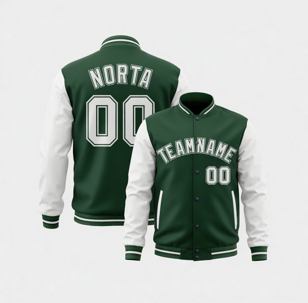 Green and white varsity jacket with 'NORTA' and 'TEAMNAME' text on a white background