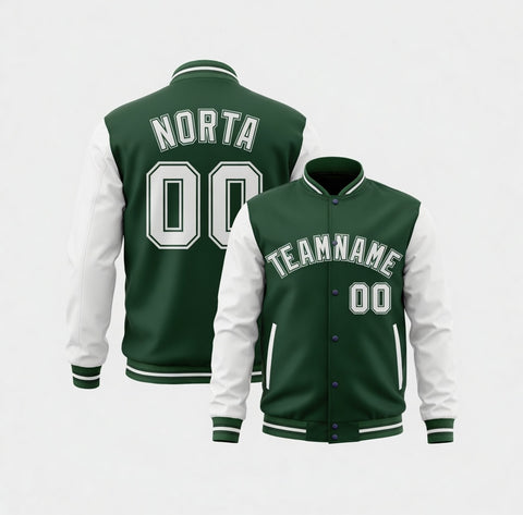 Green and white varsity jacket with 'NORTA' and 'TEAMNAME' text on a white background